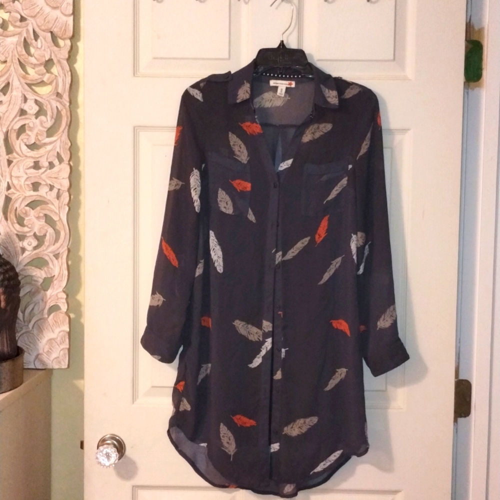 Old navy sheer button down shirt dress feathers!